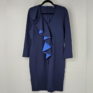 Sabie XL Elegant Fitted‎ Vneck Colorblocked Ruffled Front Dainty Feminine Dress